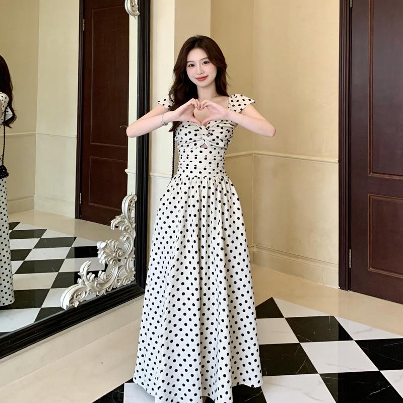 French Hollow Design Polka Dot Dress Women's Summer New Pleated Waist Thin Small Fly Sleeve Temperament Long Dress