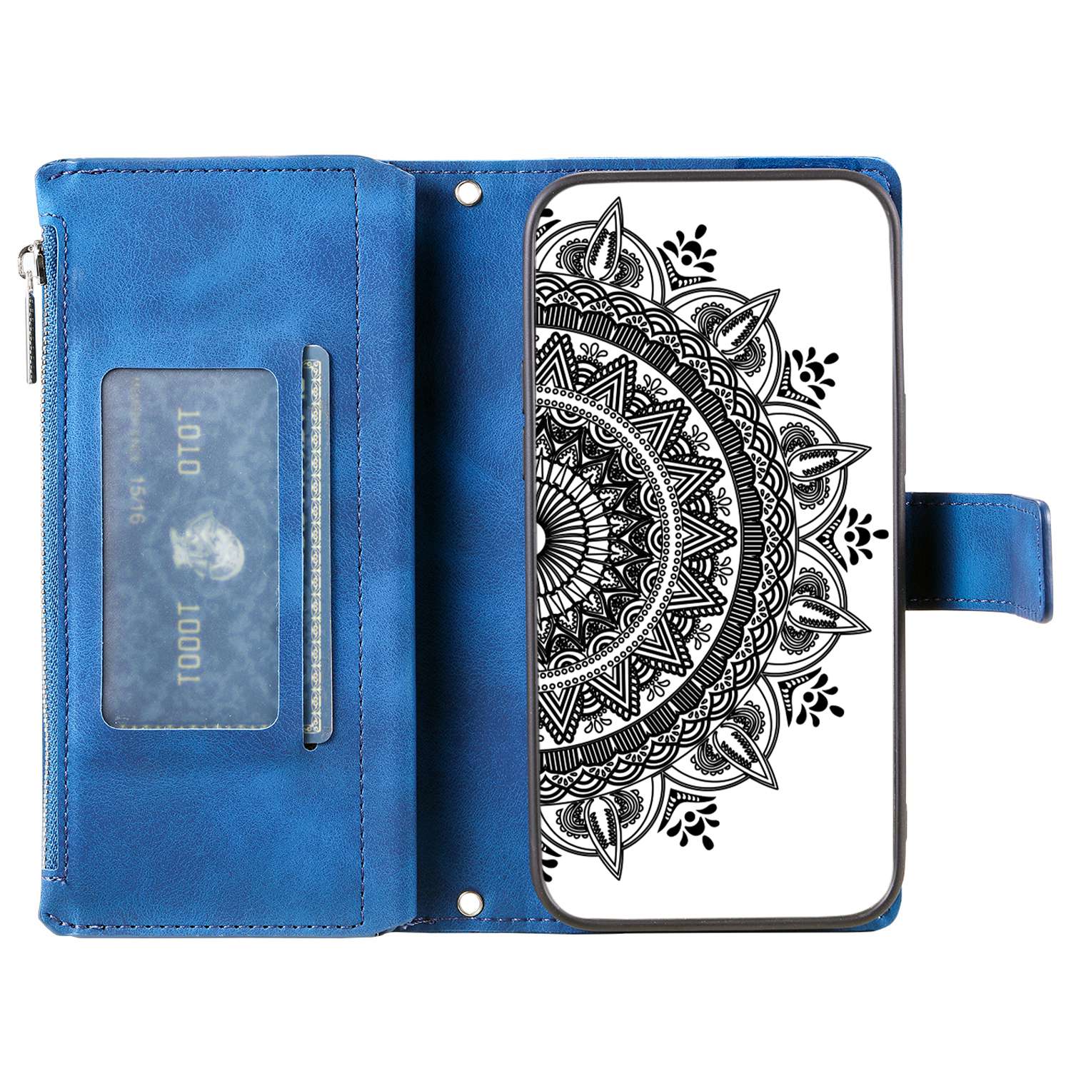 

For Samsung Galaxy S21 5G Mandala Flower Imprinted Full Coverage PU Leather Phone Cover Stand with Multiple Card Slots Zipper Pocket Wallet Case Blue