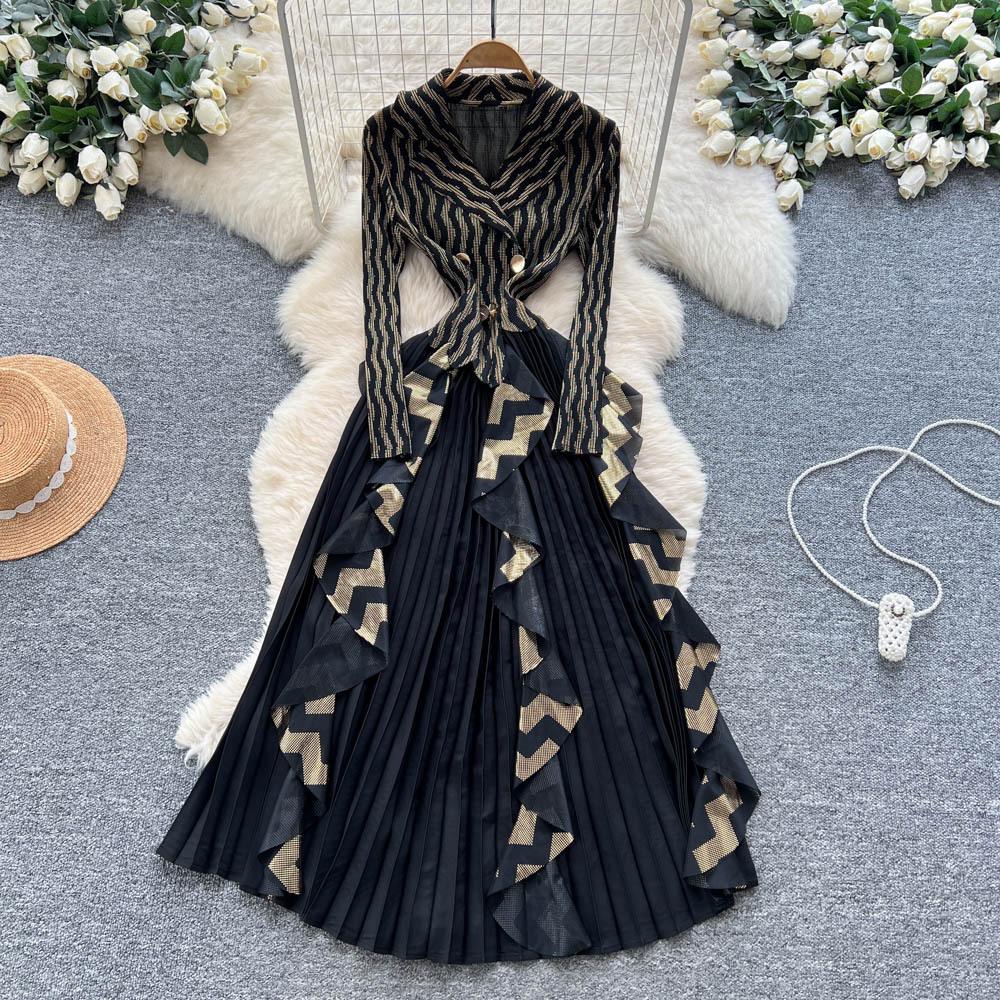 European and American high-end foreign style suit collar long-sleeved double-breasted waist splicing ruffle edge pleated long dress