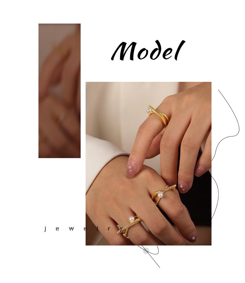European & American Luxury Women's Ring with Zircon, Pearl, and Gold-Plated Copper Design.