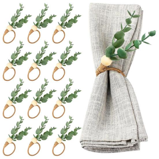 Artificial Eucalyptus Leaf Napkin Ring Farmhouse Rustic Jute Rope Wooden Bead Dinner Napkin Holder Birthday Wedding Party Dining Table Decoration
