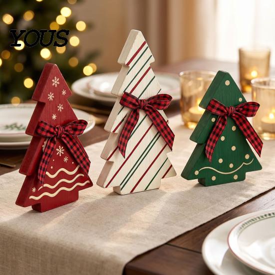 Rustic Christmas Tree Tabletop Ornaments 3Pcs Wooden with Plaid and Hemp Rope Bow, Farmhouse Indoor Decorations for Fireplace Polka Dot Xmas
