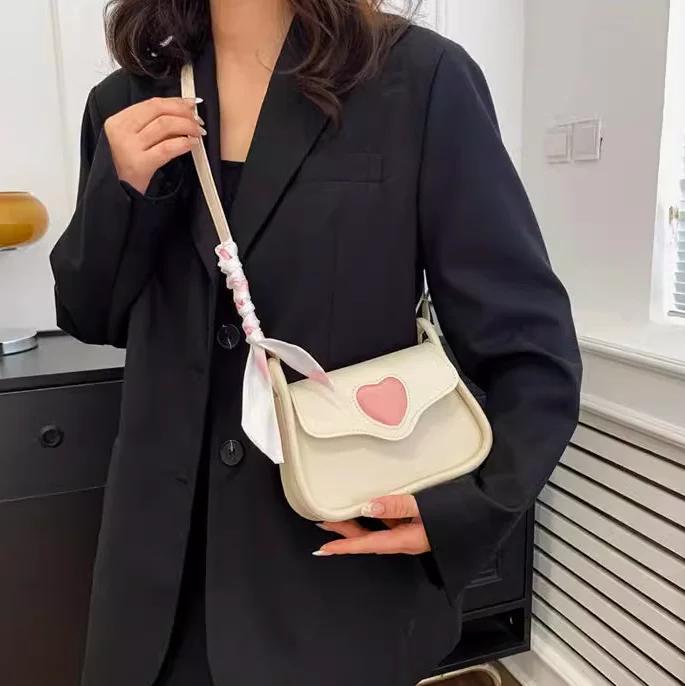 Cute Love Heart Women's Small Square Shoulder Bags Fashi Female Messenger Bag Simple Ladies Crossbody Purse Handbag with Scarf