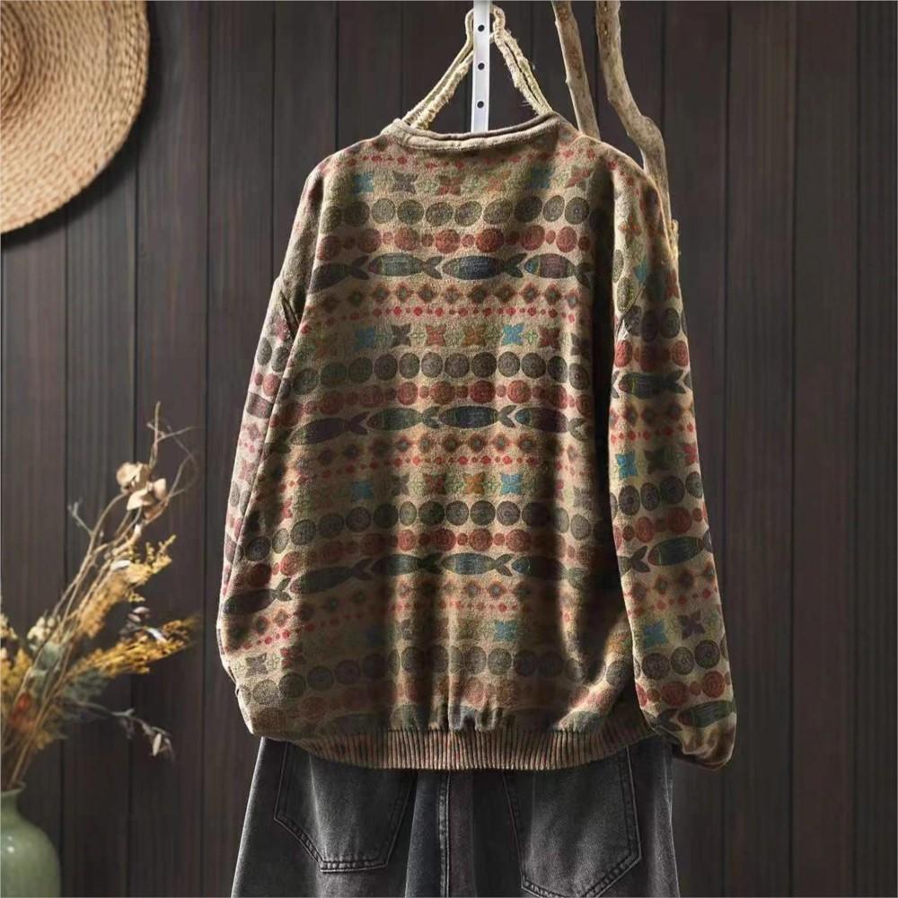 Johnature Women Vintage Pullover Sweaters Print Floral Knitted O-Neck Long Sleeve Spring Patchwork Pockets Sweaters