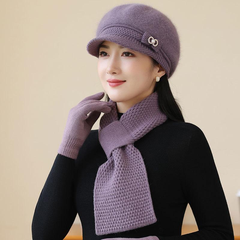 Old Lady Rabbit Fur Warm Knitted Hat Female Mother Plus Fleece Basin Hat Grandma Wind and Cold Scarf Glove Hat