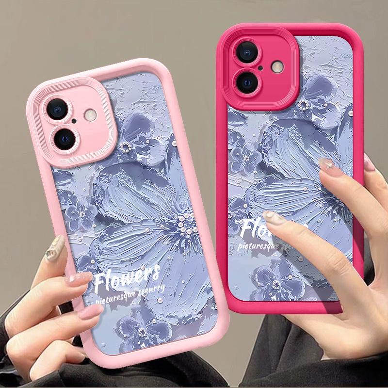 Candy Color Tpu Soft Phone Case for iPhone 16 Pro 15 14 Plus 13 12 11 Pro Max Xs Xr 8 7 Shockproof Relief Blue Flower Pattern Lens Protection Cover