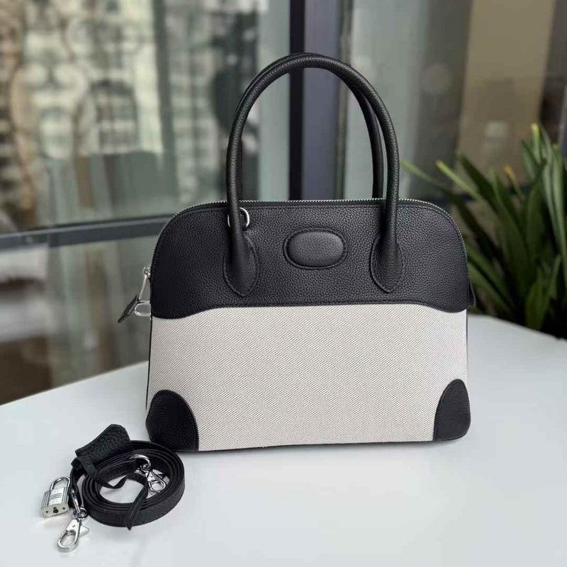 

2025 Новая женская сумка из натуральной кожи, кожа первого слоя с канвасом, 31 сумка-боулинг-ракушка, ручная, на одно плечо, через плечо 31x14x23cm чёрный