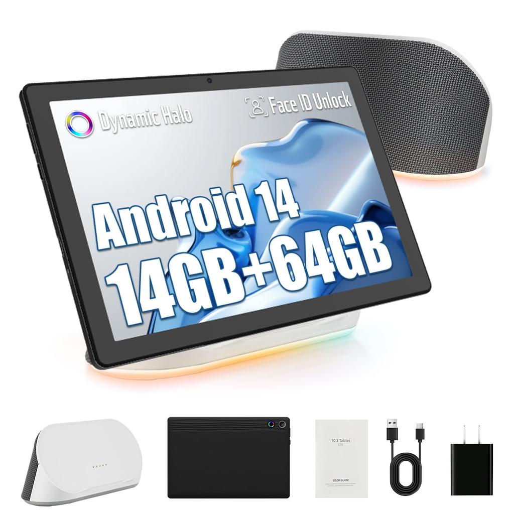 Android 14 Tablet with Rechargeable Stereo Speaker Audio Base, 10 Inch Tablet