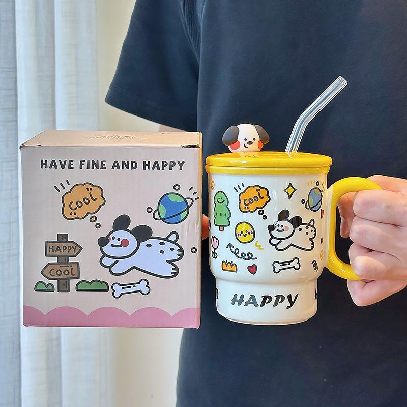 Cute Straw Cup for Drinking Water for Household Ceramic Mug with Lid Water Cup for Girls with High Appearance Office Coffee Cup