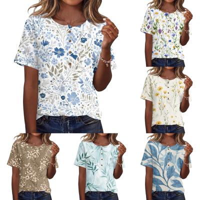 Women’s Floral Print Henley Neck Short Sleeve Shirt Casual Cotton Linen Blouse with Button Front for Everyday Wear