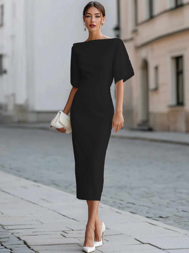 European and American summer new elegant commuter solid color one-word collar women's dress