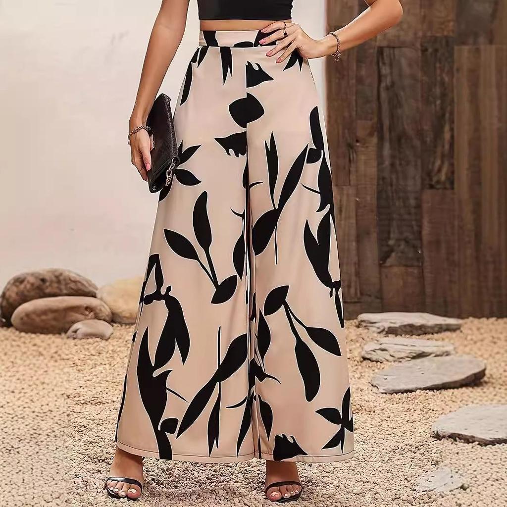 Nuovi Pantaloni da Donna Primavera e Autunno con Stampa a Foglie Vita Alta Gamba Larga Casual