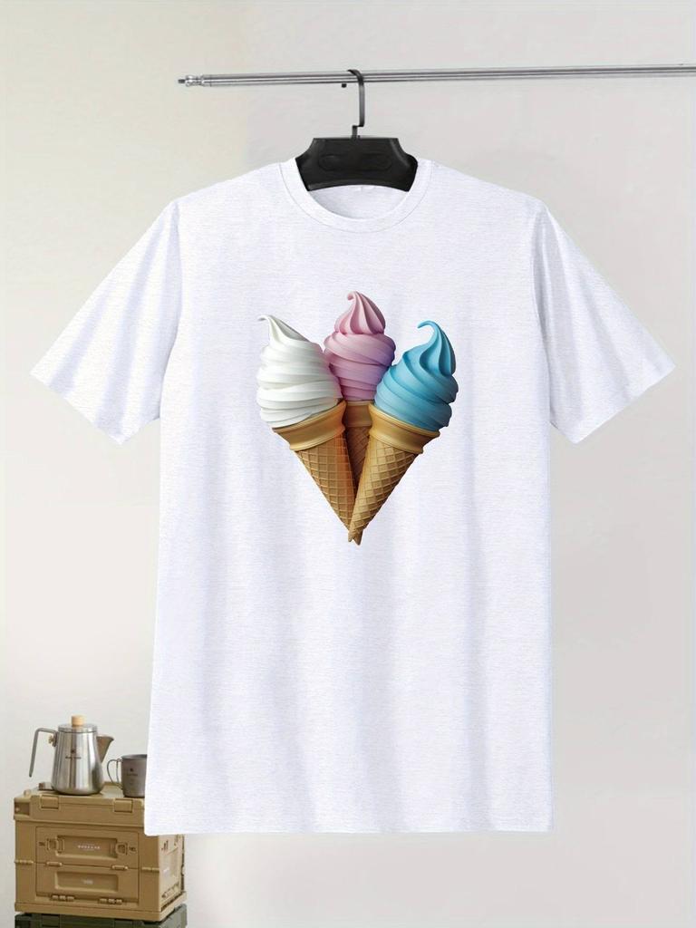 Men's Colorful Ice Cream Print T-Shirt - Casual, Comfy & Lightweight Crew Neck Tee for Summer