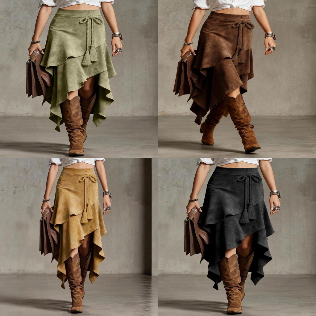 Polyester Aline Midi Skirt With Wrinkle Texture For Casual Travel And Dating