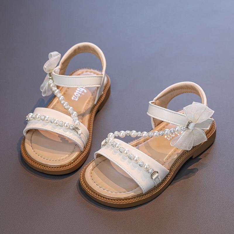 Mädchen Sandalen Offene Zehen mit Süßen Perlen Kinder Strandschuhe Offene Zehen Rutschfest 2025 Sommer Neu Kinder Prinzessin Schuhe Spitze Schleifen
