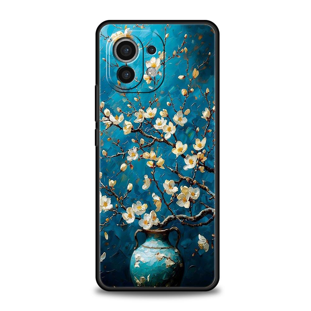 Phone Case For Xiaomi Mi 15 14 13 12 11 Lite 14T 13T 12T 11T Pro Poco X6 X5 X3 Pro F6 F5 F4 Oil Painting Of Flowers Black Cover