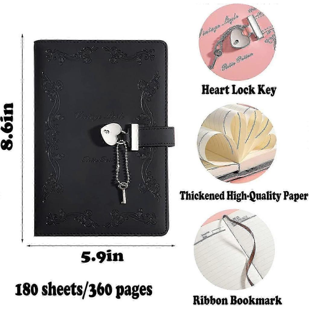 360-Page Leather Heart-Shaped Locking Journal, A5 Pink Diary with Lock and Key for Girls Women Adults