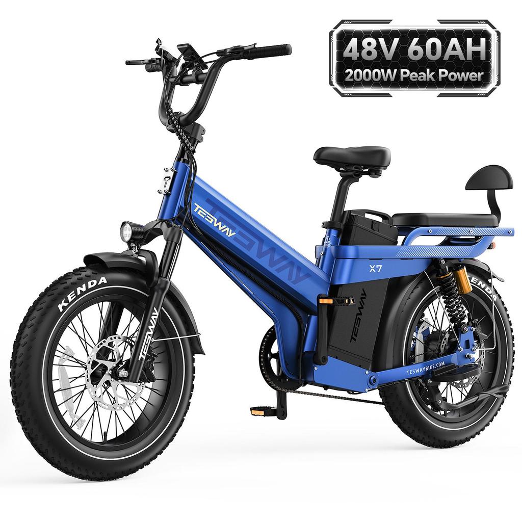 Tesway X7 Pro Electric Bike, Peak 2000W Motor, 52V 60Ah Battery, Range 300km, 20*4.0'' Tires, 7 Speed, Color Display
