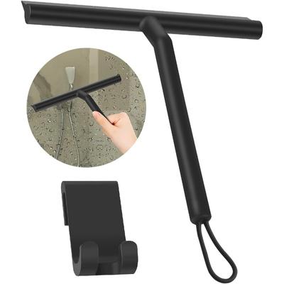 Silikon-Duschabzieher mit Haken und Umhängeband, schwarzer Fensterglas-Schaber, Spiegelscheibenwischer, Multi-Reiniger für Badezimmer, Türen, Autos und Möbel