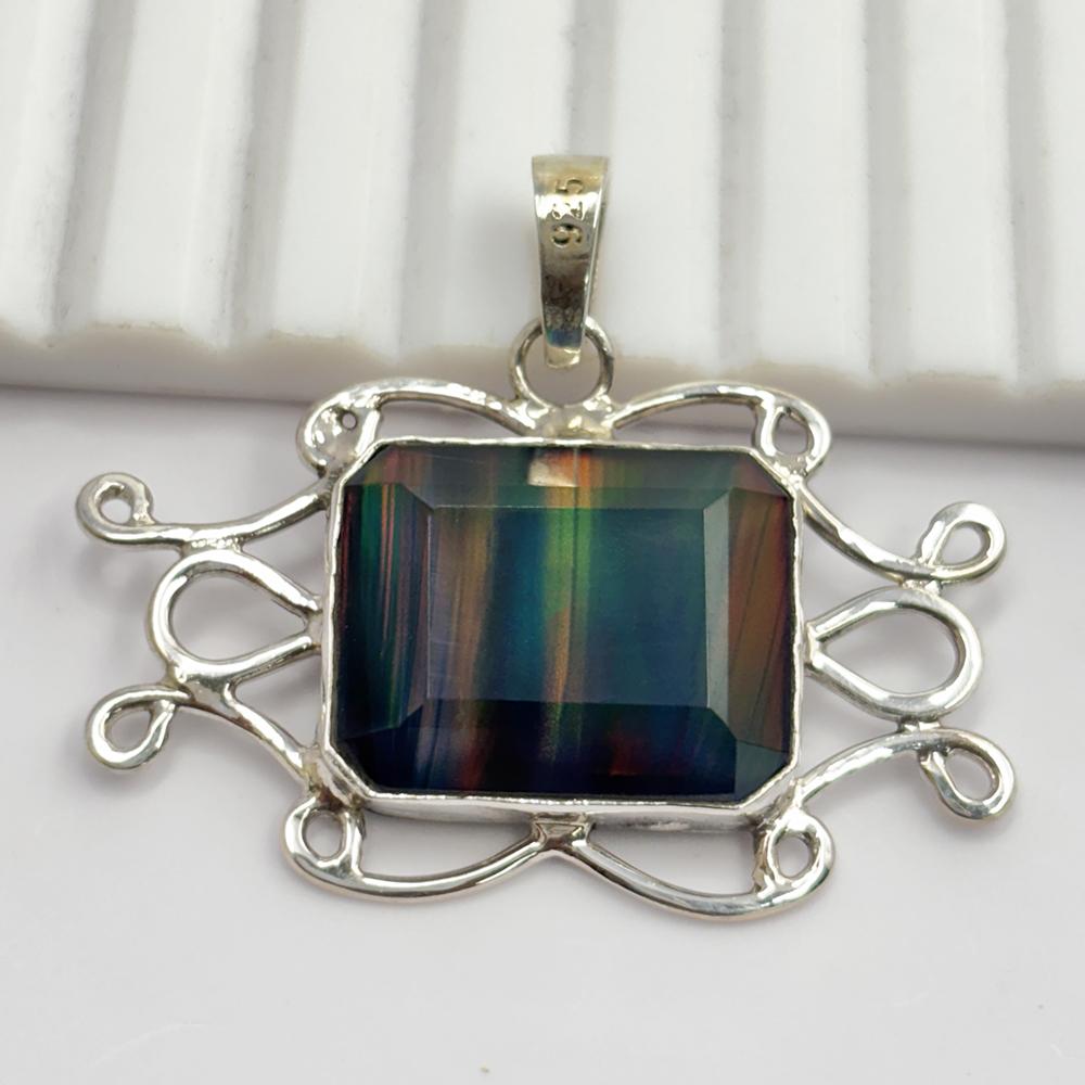 CERTIFIED 32 Ct Natural Opal 925 Sterling Silver Emerald Pendant Gift For Him