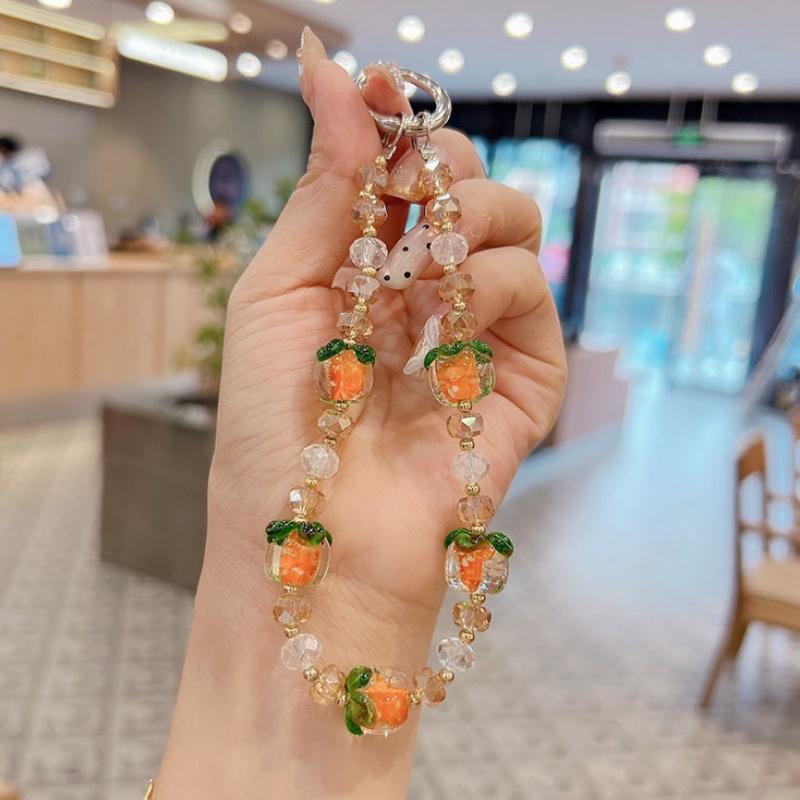 

1pc Summer Cute Fruit Persimmon Beaded Wristlet Versatile Phone Case Car Keychain Bag Charm Accessory Handbag Pendant