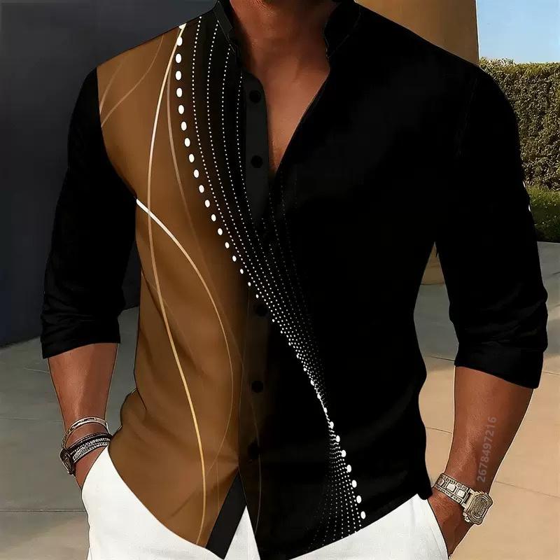 Men's long-sleeved shirt, stylish geometric print shirt, business casual slim-fit long-sleeved collared shirt for men.