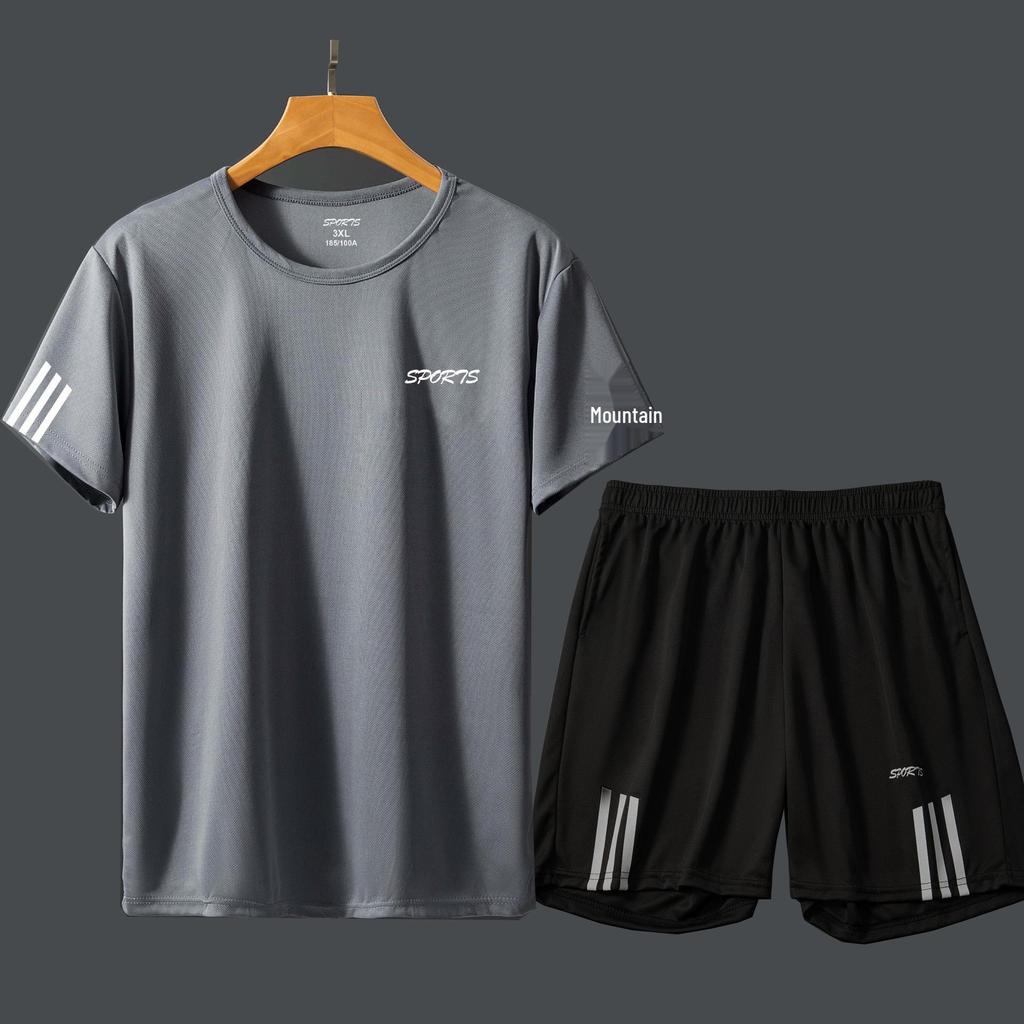Men's Summer Gym Running Set: Loose-fit Quick-drying T-shirt with Round Neck and Printed Design.
