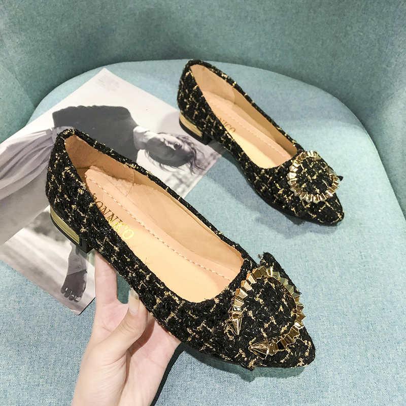 Fashion Thick Heeled Women's Shoes 2024 New Fully Equipped Pointed Flat Shoes Houndstooth Metal Decoration Shallow Mouth Middle Heel