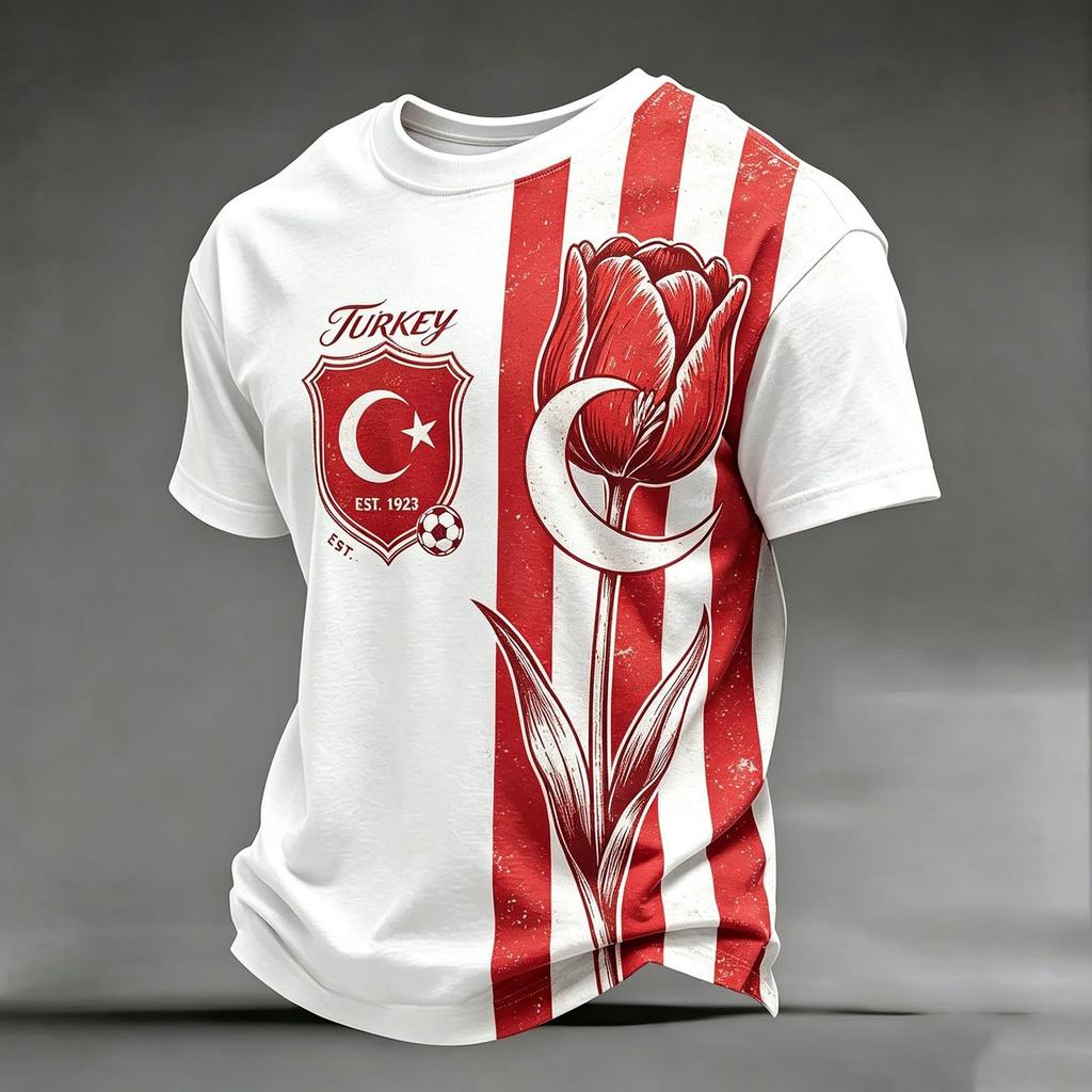 Men's Casual Crew Neck Short Sleeve Pullover T-Shirt Football Fan Top World Cup Inspired Graphic Print Turkey Design