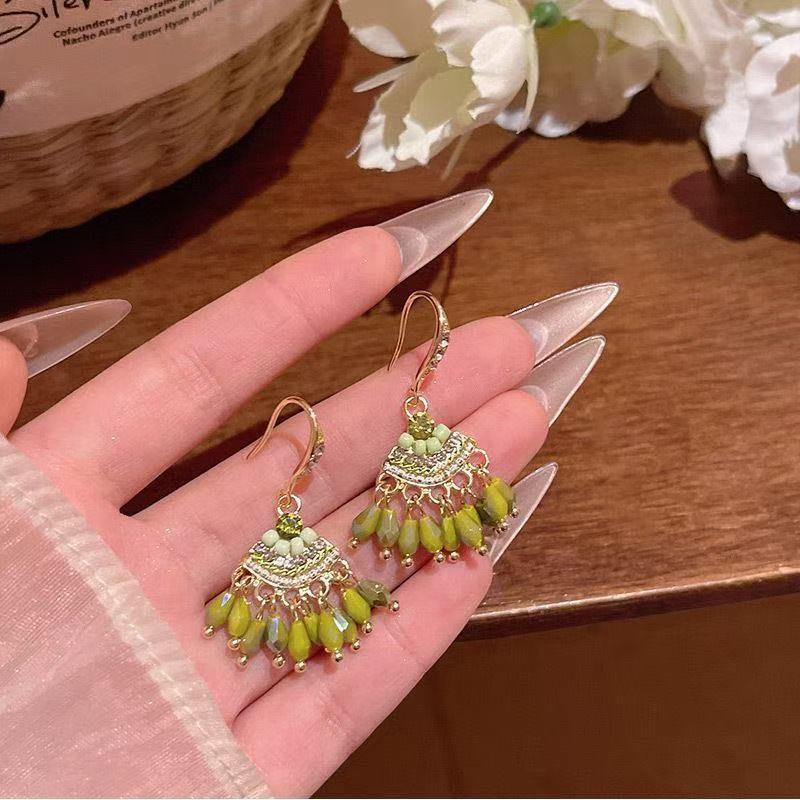 Alloy Crystal-Imitation Earrings Tingyanyu Green Vintage Fan-shaped Bohemian Ethnic Style Vacation Style Earrings