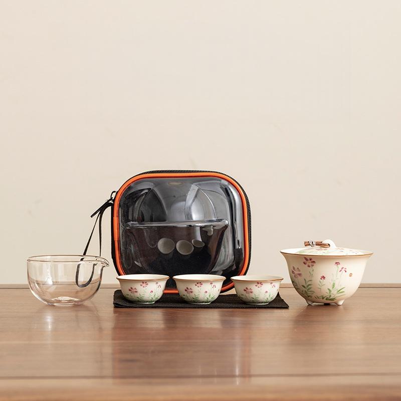 

Beige Ceramics Travel Tea Set, One Pot Three Cups Portable Kuaike Cup Office Outdoor Camping Simple Tea Set Easy To Use Five-piece Set