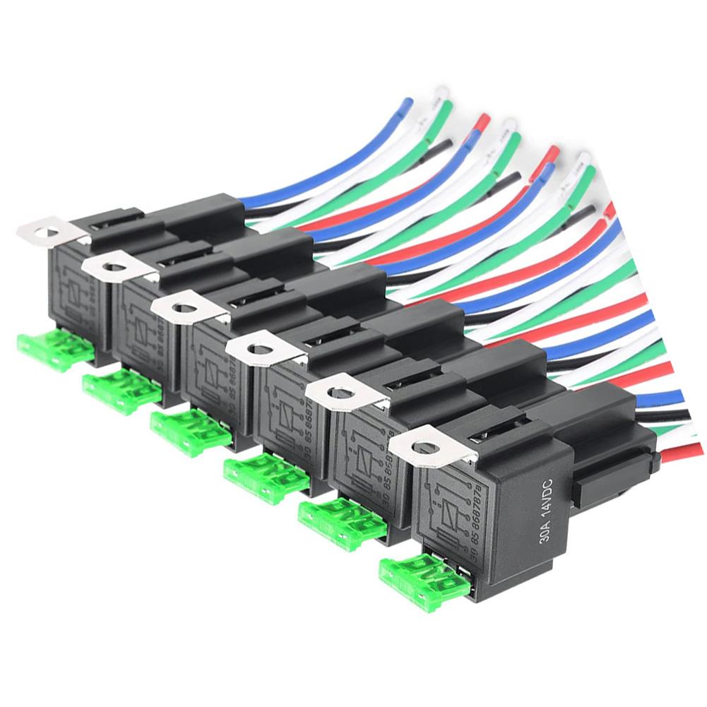 6pcs 30A Fuse Relay Switch Harness Set 12V DC 5-Pin SPST Automotive Relays Automobile Fuse Relay Switch Wiring Harness Kit