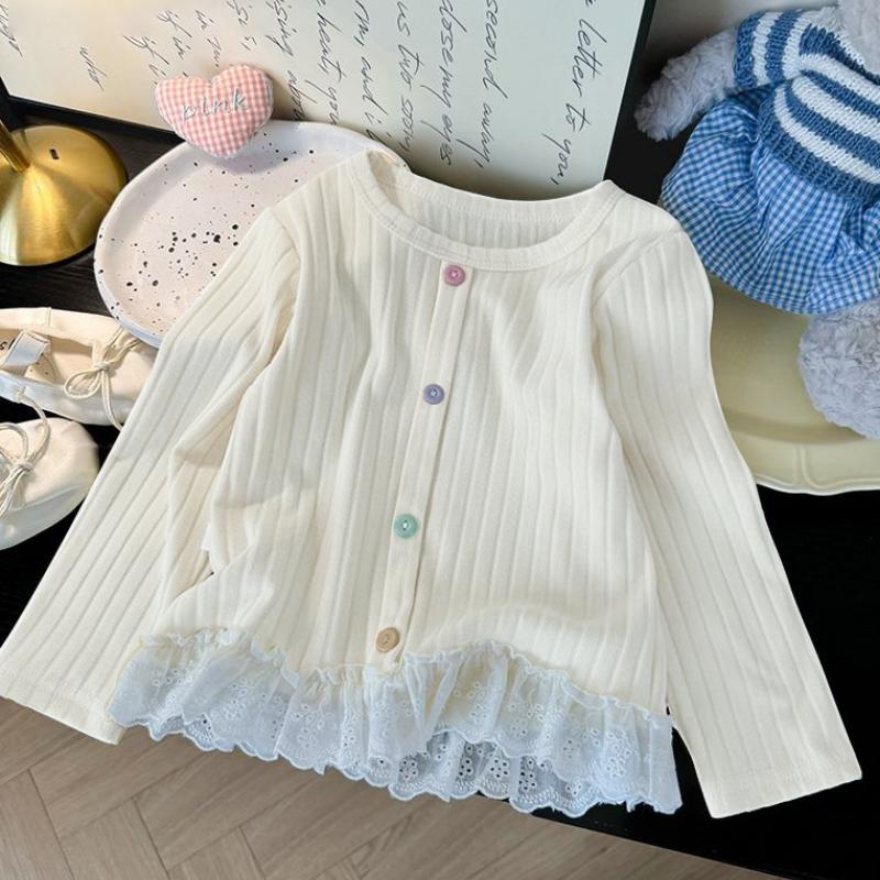 

Детская футболка для девочек, милая кружевная вставка, цветная пуговица, свободный пуловер, осенняя новинка, детская кофта с длинным рукавом 150 бежевый