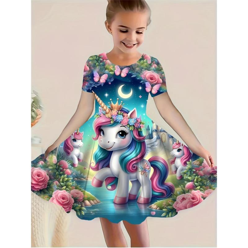 

[Платье с единорогом] Новое детское 3D платье с принтом единорога, короткий рукав, юбка-принцесса, весна-лето, повседневная одежда с мультяшным принтом, наряд, топ 110