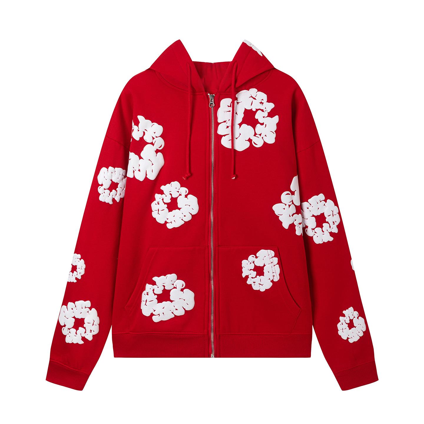 

All Over Cotton Wreath Print Zip Up Hoodie, Unisex Streetwear Hooded Sweatshirt, 6 Colors XL