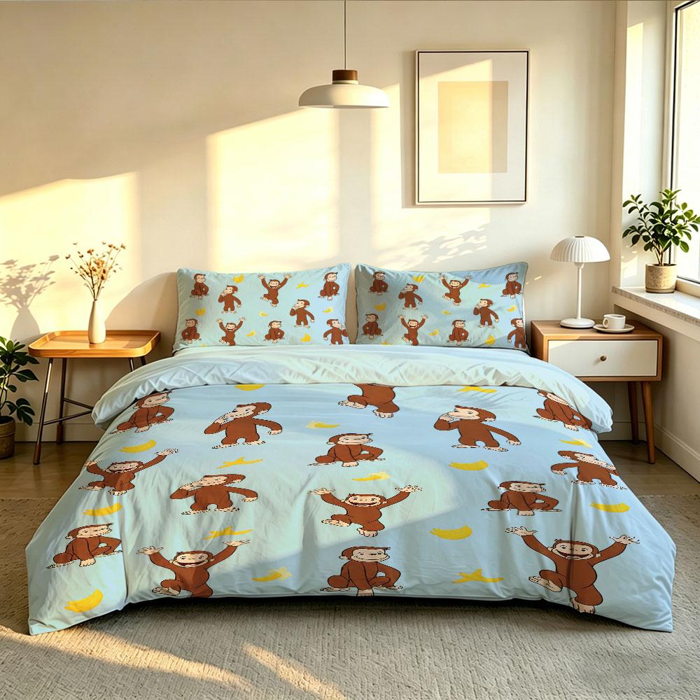 Duvet Cover Set 3Pcs Cute Cartoon Monkey Blue Print Soft Microfiber Bedding with Pillowcases Kids Bedroom