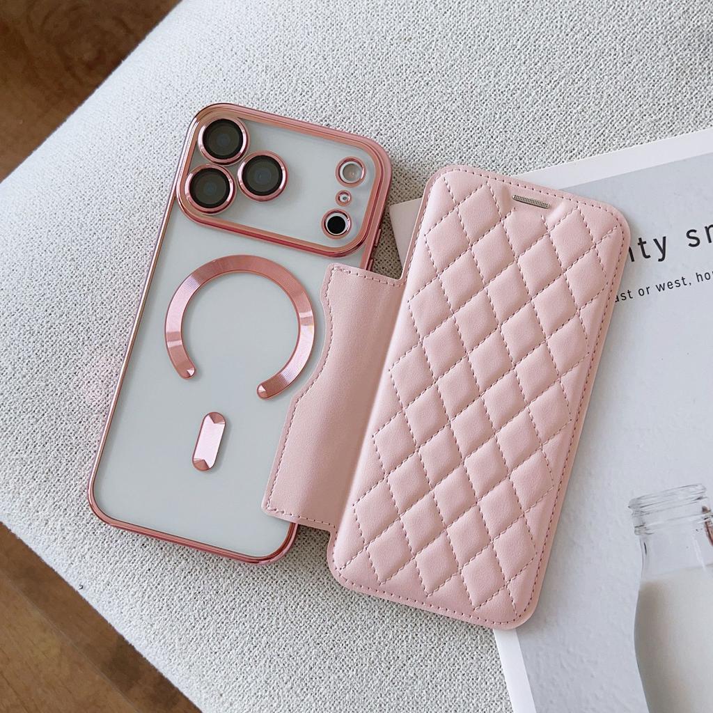 Applicable To iPhone17 Magnetic Mobile Phone Case Rhombus Flip Card Leather Case 17pro Electroplating 17 Anti-drop Protective Case