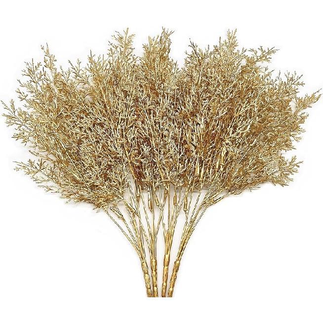 PASYOU Fake Leaves Plants for Christmas Decor, Gold Artificial Shrubs Grass Foliage Plastic Bulk Leaf Indoor Outdoor Home Garden Party Hotel Verandah