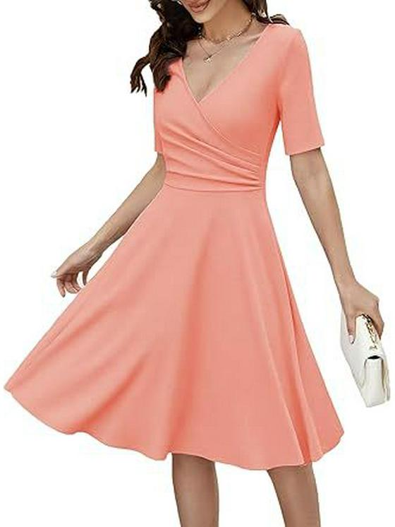 

V-Neck Ruched Slim Fit Short Sleeve Swing Dress for Women XL