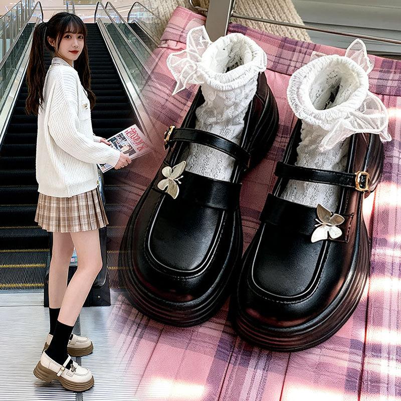Spring and Autumn new thick heel platform retro college style jk shoes Mary Jane shoes milk white butterfly small leather shoes women