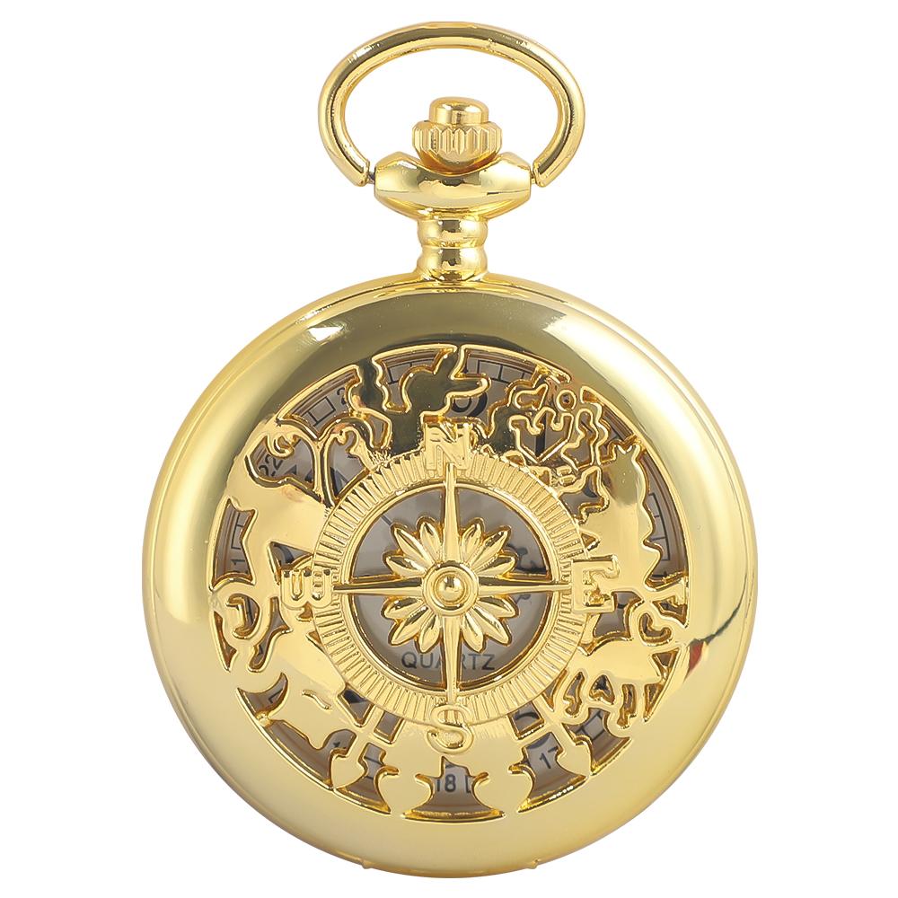 

Luxury Retro Popular Gold Pocket Watch Hollow Skeleton Compass Design Quartz Pendant Necklace Watch for Gifts CF1802 золотой