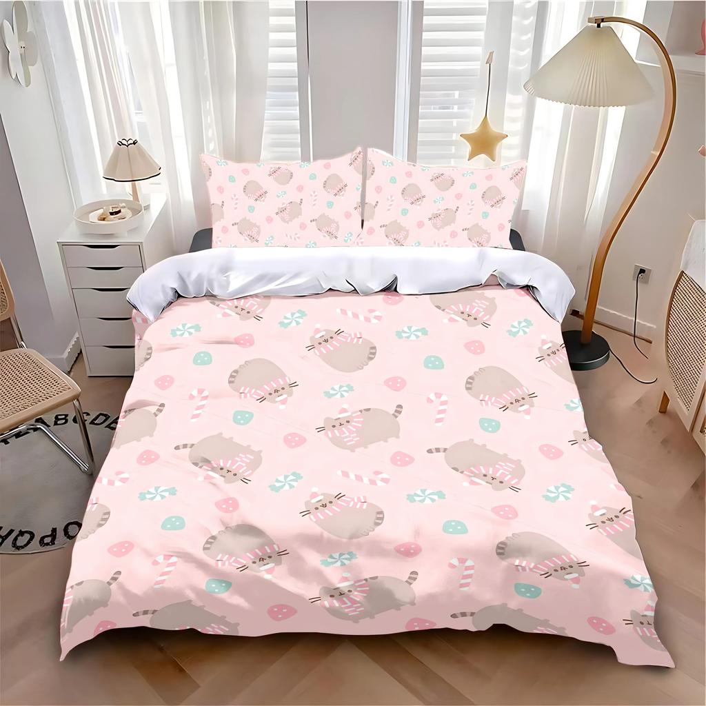 -Funda Nórdica de Dibujos Animados de Gato Funda de Almohada Juego de Cama Adulto Niño Niña Decoración de Dormitorio Infantil Individual Doble Tamaño Grande