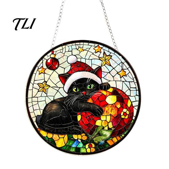 Christmas Home Entrance Accents 2D Acrylic Suncatcher, Stained Glass Style Black Cat Window Hanging, Seasonal Art Decorations Colorful Hanging Plaque