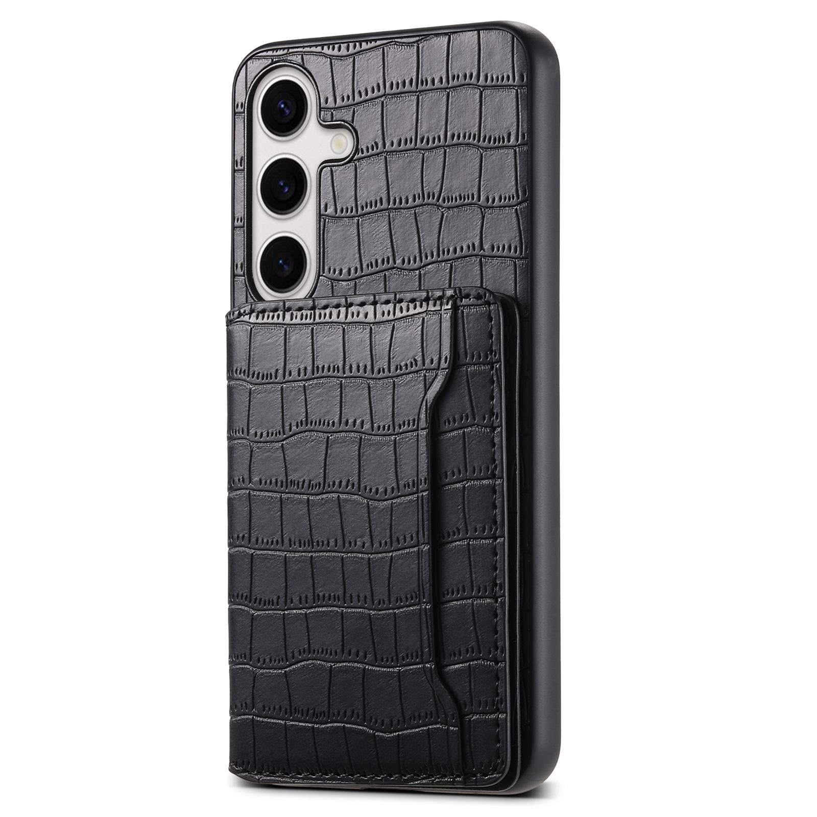 

For Samsung Galaxy S25 Case Card Holder Kickstand Crocodile Texture Leather Back Phone Cover Black