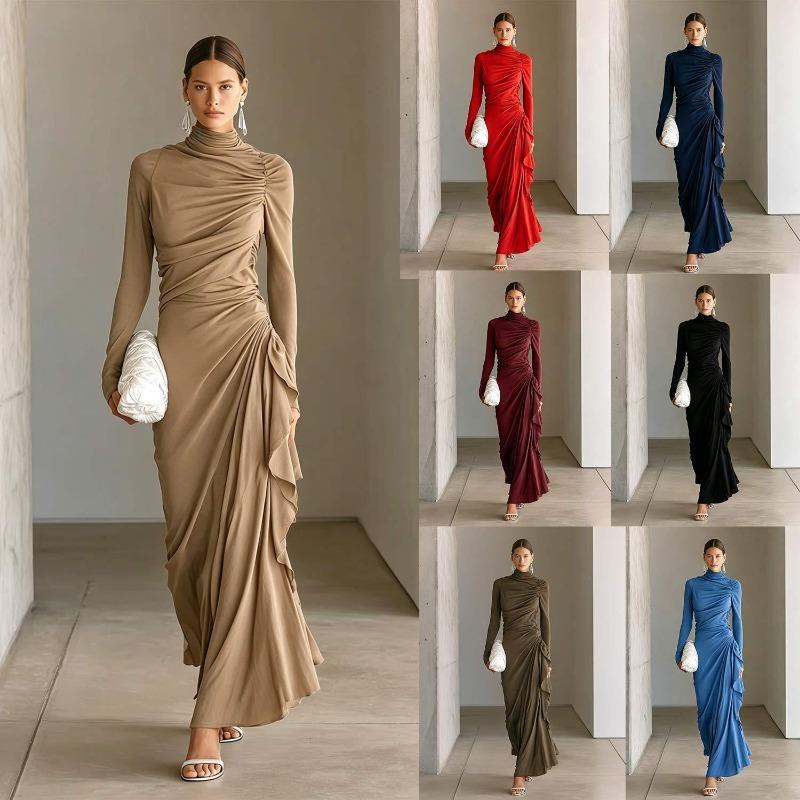 Women Solid Pleated Long Sleeve Fitted Bodycon Elegant Evening Long Dress