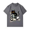 Men's 100% Cotton Crew Neck Short Sleeve T-Shirt, Funny Riding Bicycle Black Cat Graphic Casual Tee, Comfortable Breathable Summer Top for Daily Stree