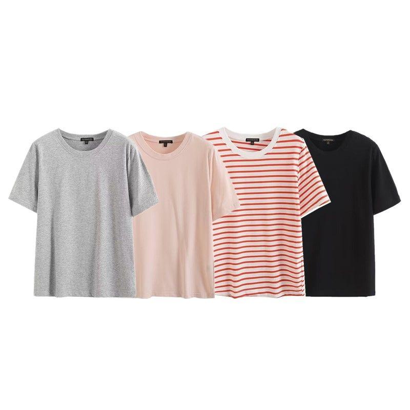 Fashion Style 2024 Women's Clothing Summer New Round Neck Basic Stripes Print Contrast Color Patchwork Short-Sleeved T-shirt 4 Colors