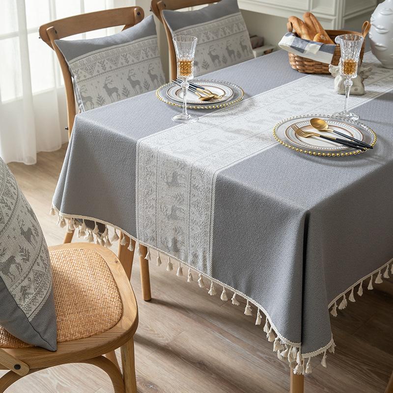 Christmas Deer Tablecloth Cotton And Linen Art Table Cloth Light Luxury High-End Rectangular Tablecloth Fringed Cover Towel