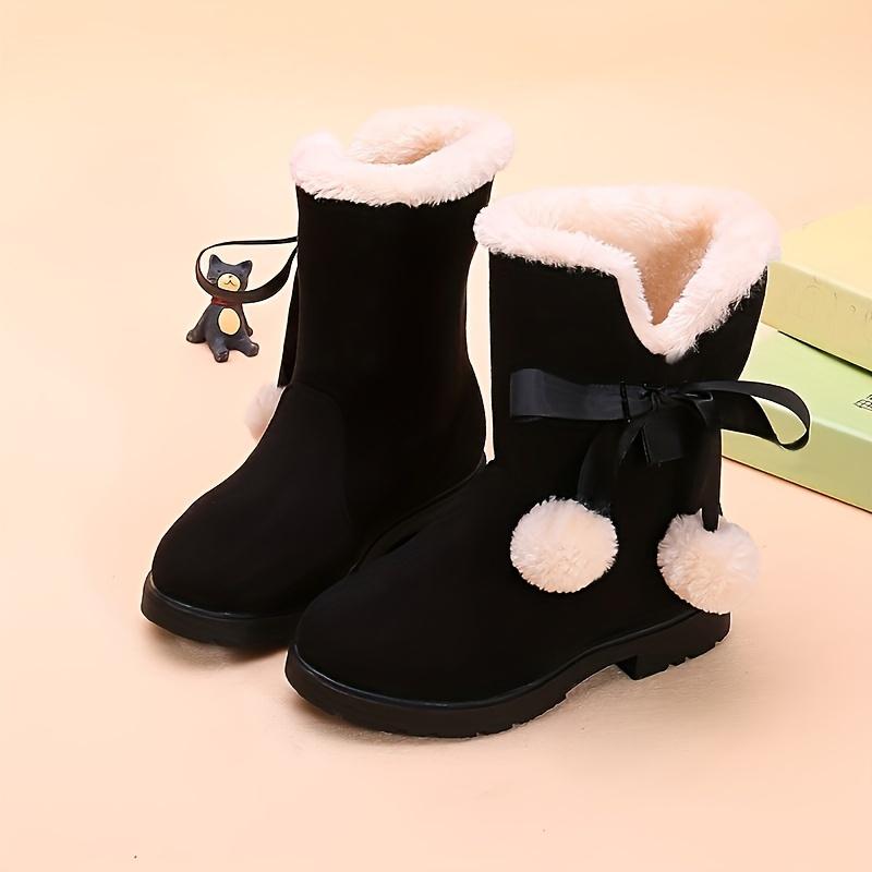 Girls Winter Snow Boots Fleece Lining Round Toe Striped Pattern Zipper Closure Ankle High PVC Sole Fabric Insole Random Style Pink Black Red