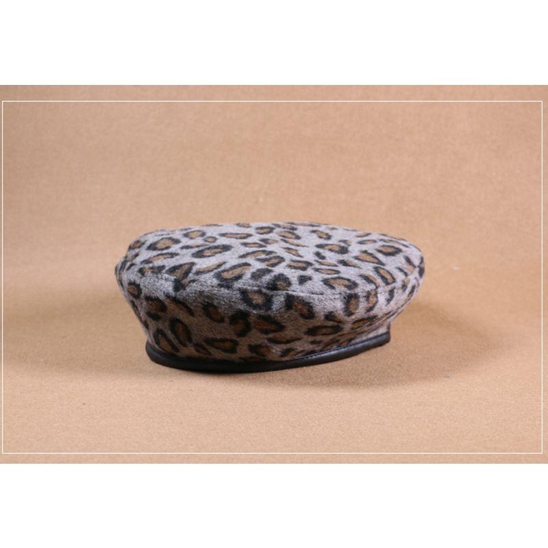 Damen Vintage Leopardenmuster Wolle Weich Winter Warm Baskenmütze Klassische Beanie Mütze